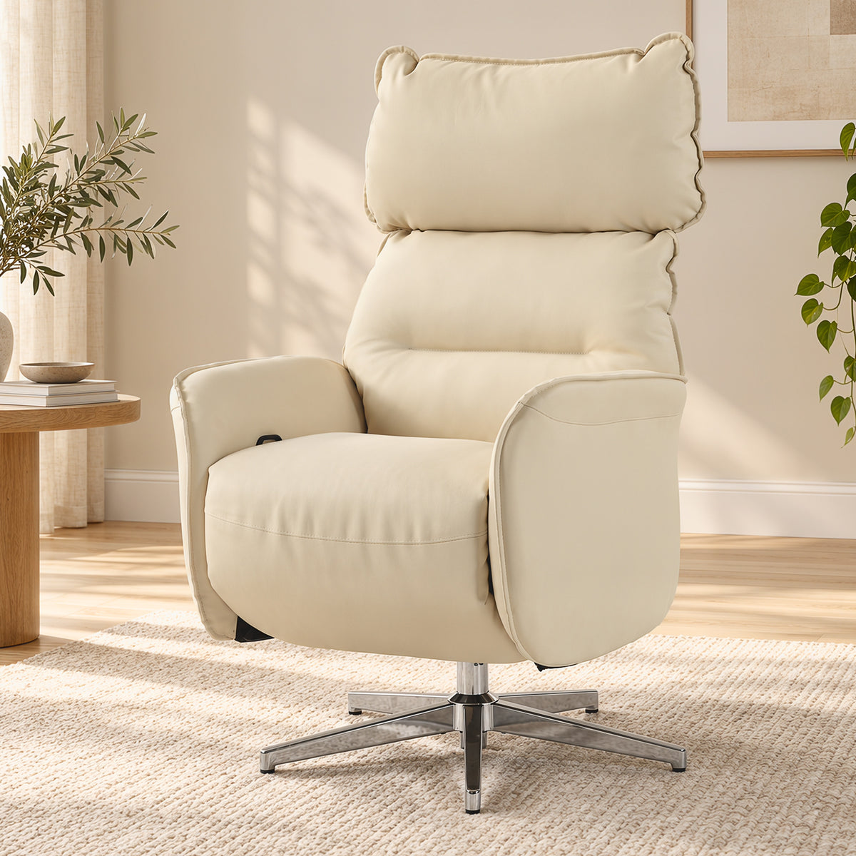 Sillón Relax Eléctrico Giratorio con Masaje y Calefacción, Reclinable de PU, Altura Ajustable, Doble Motor, Crema