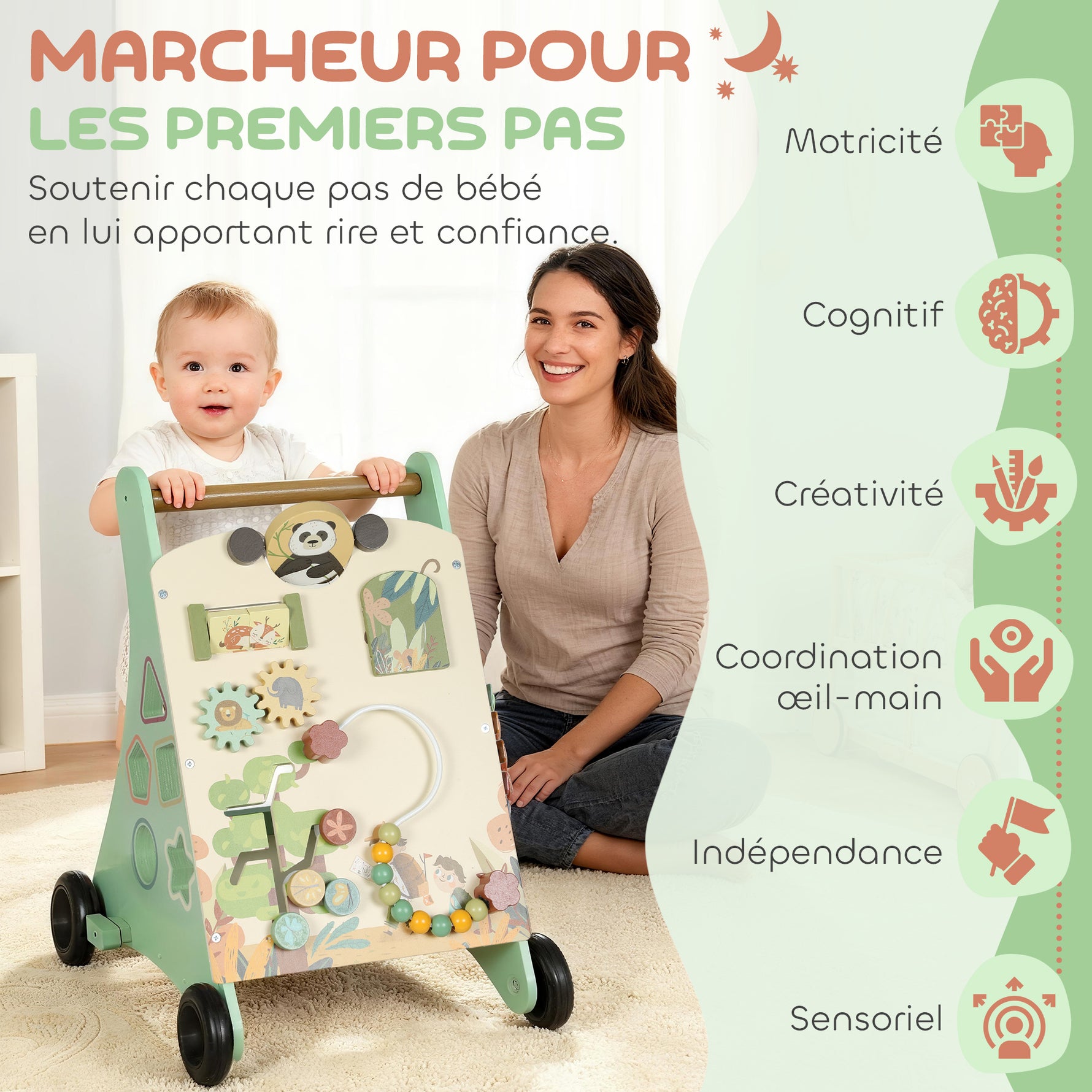 Trotteur en bois pour bébé 18+ mois, chariot de marche, contrôle de vitesse, centre d'activités, 33,5x36x46,8cm, vert