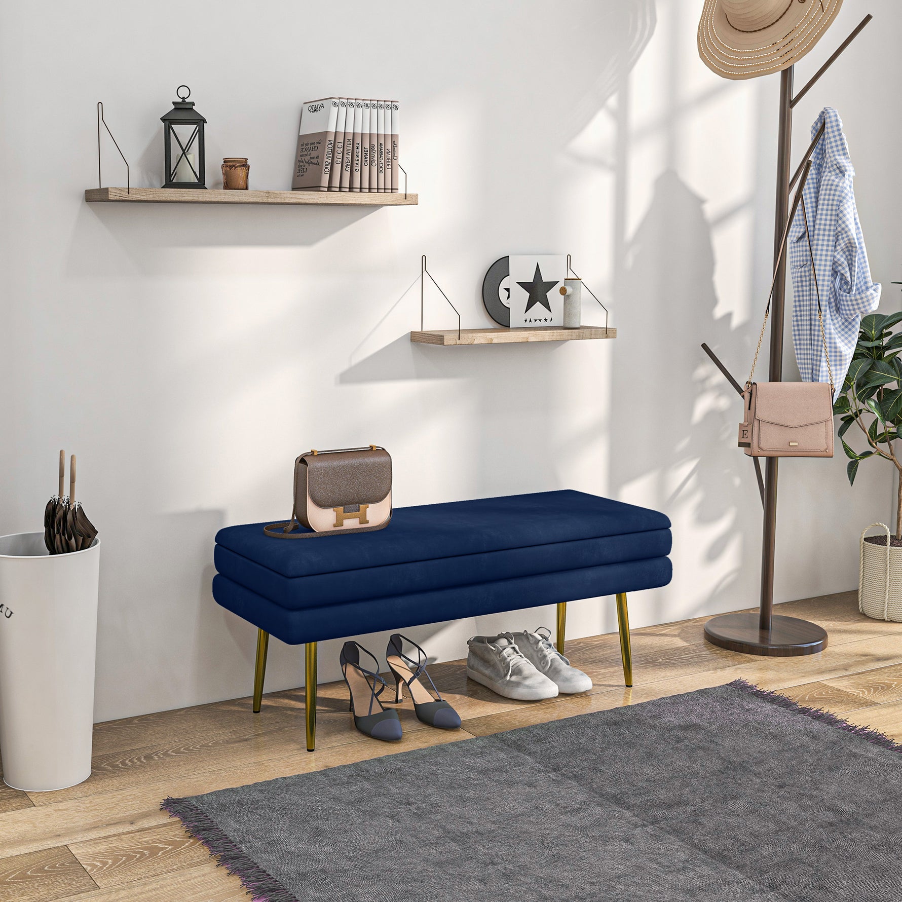 Banc banquette coffre de rangement 2 en 1 assise aspect velours et pieds acier - 100 x 37,5 x 42 cm bleu et doré