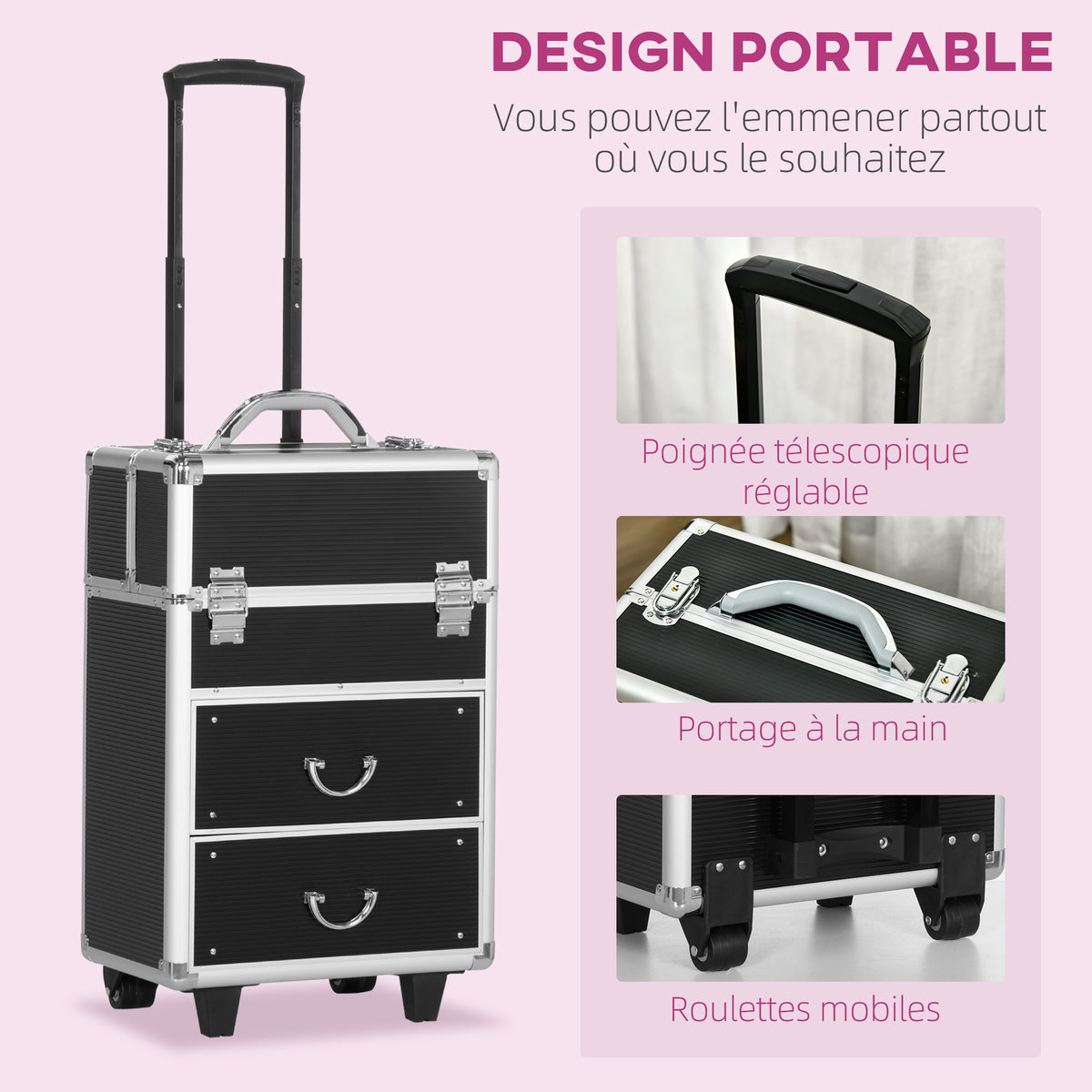 Valise trolley maquillage mallette cosmétique vanity poignée télescopique réglable 36L x 23l x 58H cm alu ABS noir