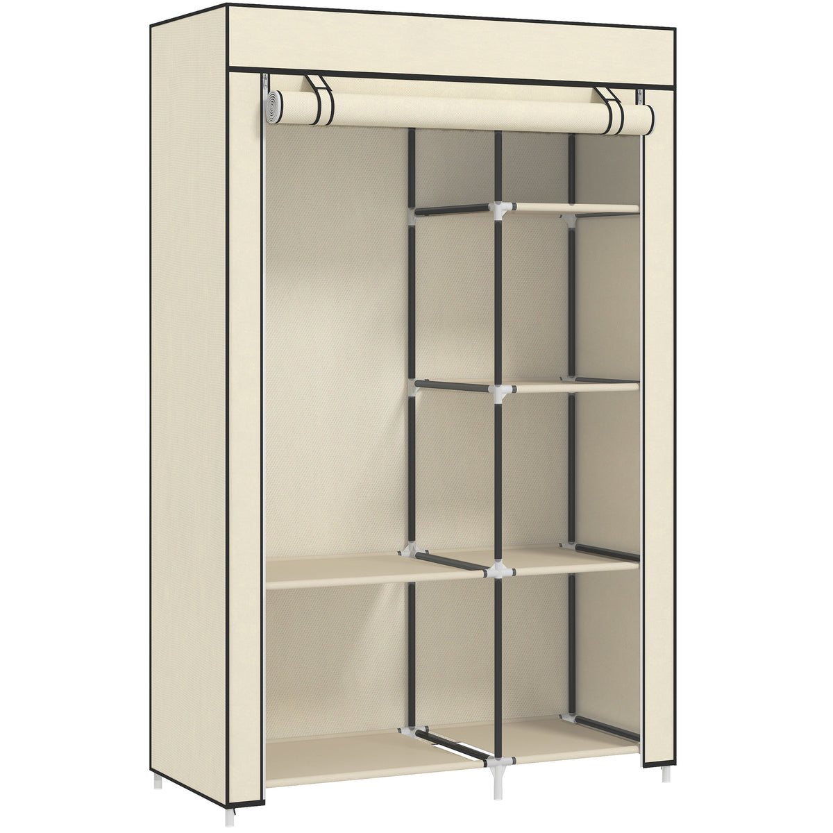 Armoire penderie en tissu meuble de rangement tringle à vêtements et étagères ouvertes 103x43x162,5cm crème