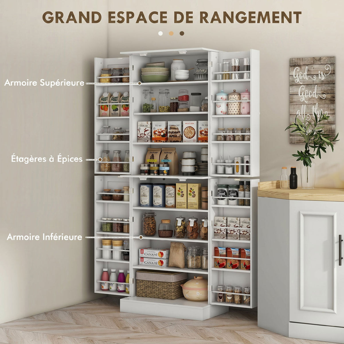Credenza da cucina mobiletto con armadietti, ripiano regolabile e portaspezie, 60 x 35 x 166 cm, bianco