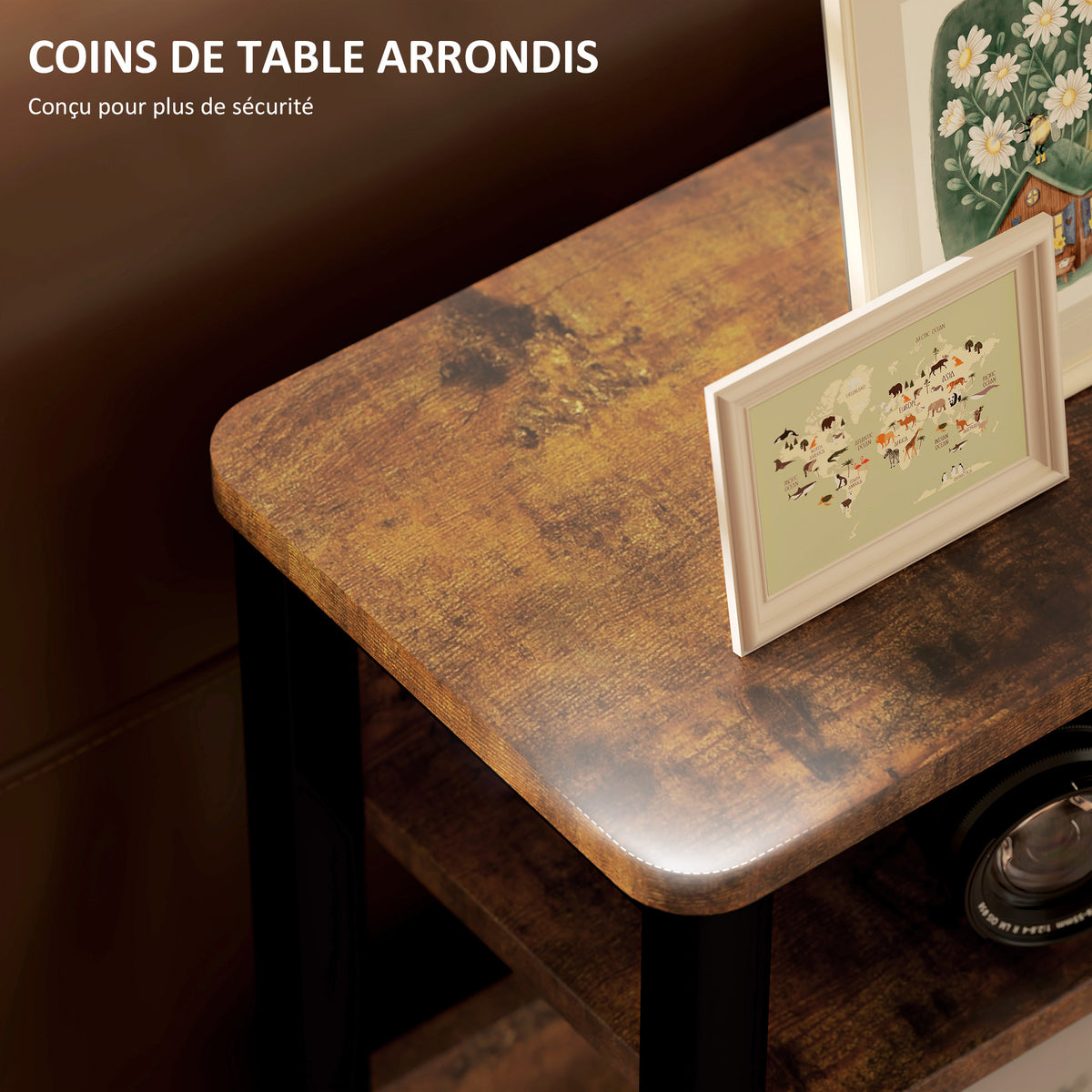 Table d'appoint table de chevet avec étagère à deux niveaux coins arrondis 46l x 18P x 58,5H cm brun rustique-4