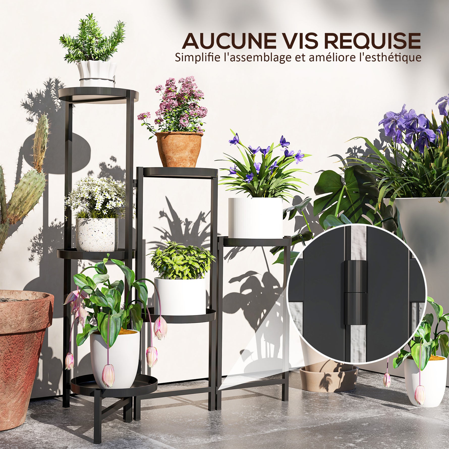 Support pour plantes 6 niveaux étagère plante ajustable et pliable en métal design sans vis porte 60 x 40 x 80 cm noir