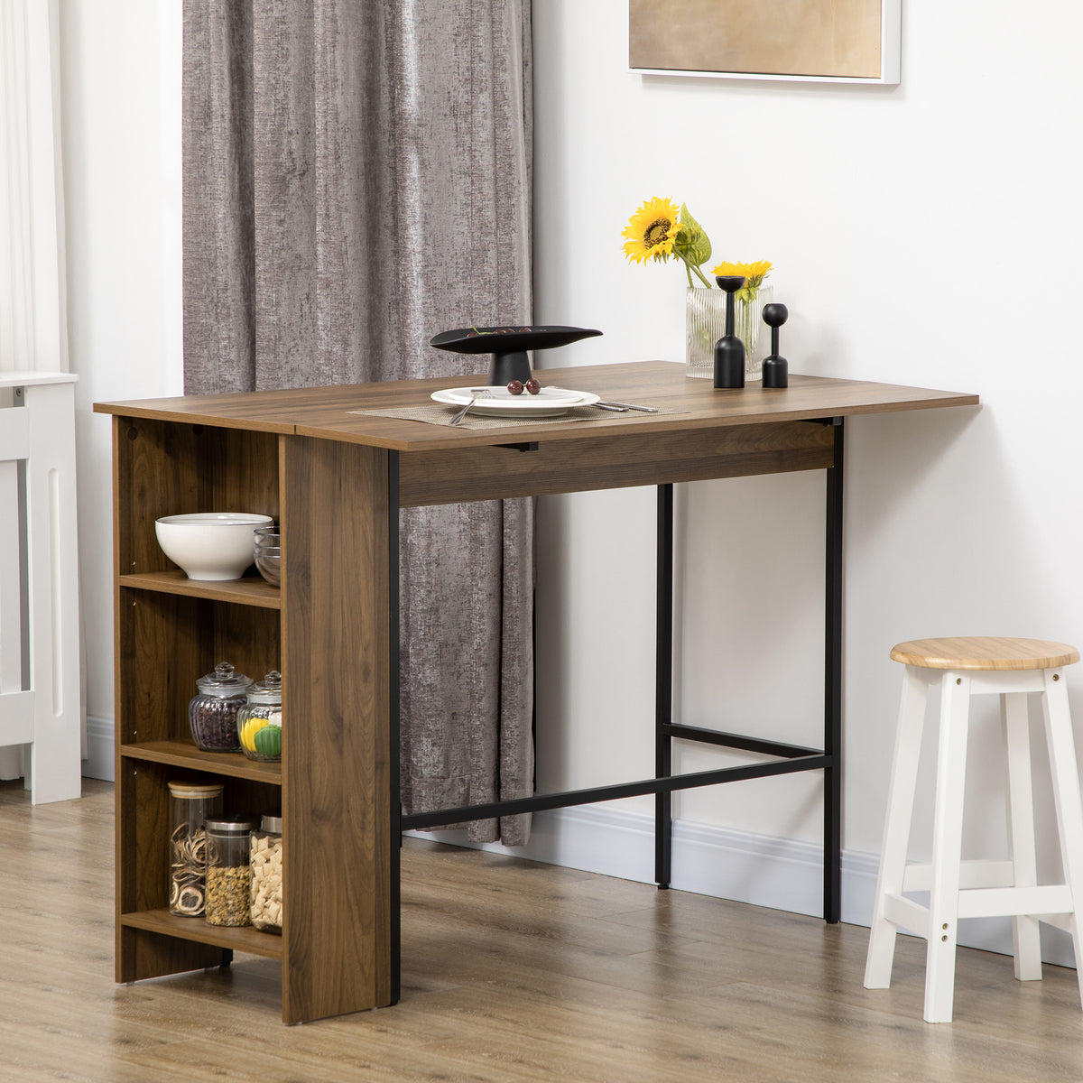 Centraal kookeiland bartafel met inklapbaar zijblad en 3 planken 120 x 76 x 91,4 cm bruin