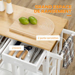 Ensemble table de bar pliable roulettes + 2 tabourets blanc et bois clair - 2 tiroirs et porte-torchons