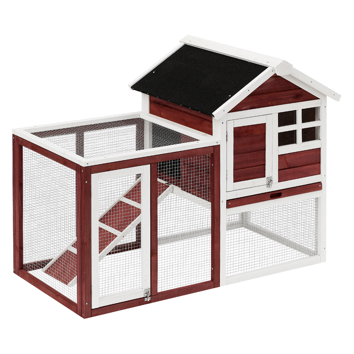 Clapier cage à lapins multi-équipé : niche supérieure avec rampe, plateau excrément, fenêtre + enclos  extérieur sécurisé 2 portes 123,5L x 62,6l x 92,5H cm rouge brique