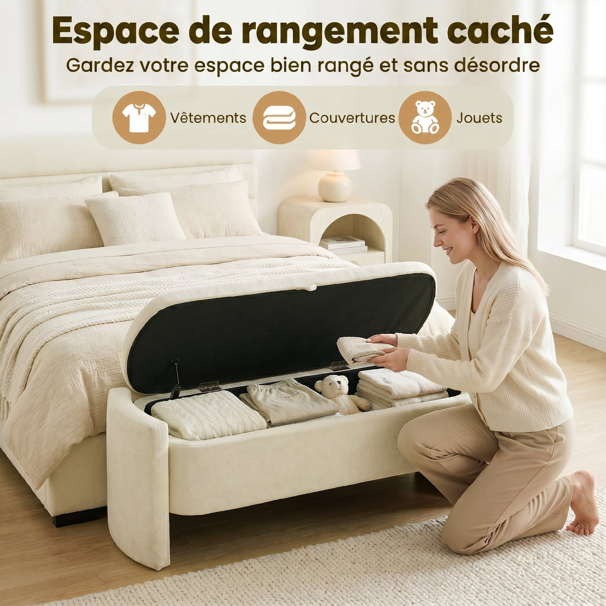 Banc Bout de Lit Banquette, 118x42x45cm, Banc de Rangement Rembourré en Tissu Bouclé, Pieds en Bois d'Eucalyptus, Crème