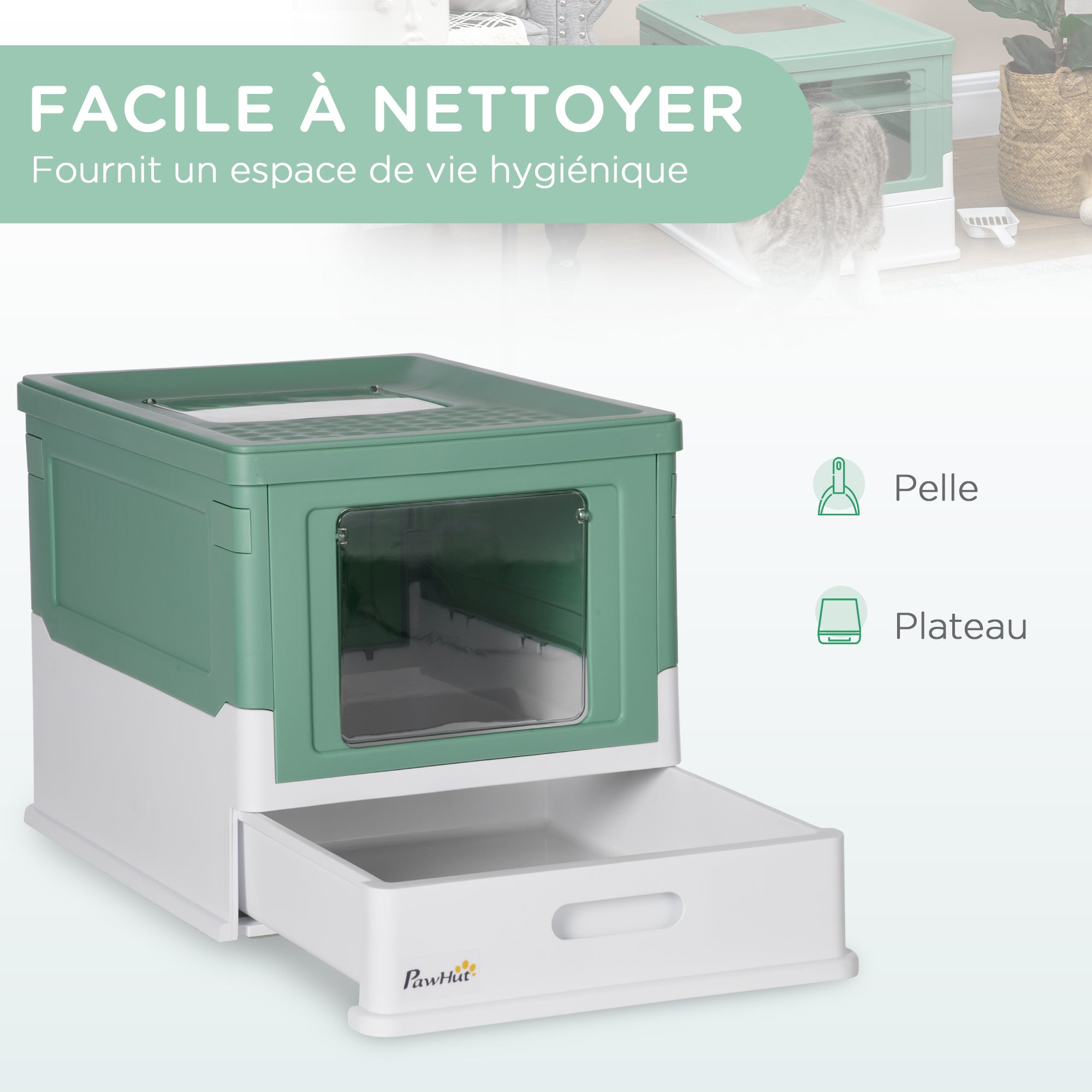 Maison de toilette pour chat pliable double porte battante et supérieure pelle fourni 47,5 x 35,5 x 36,7 cm vert
