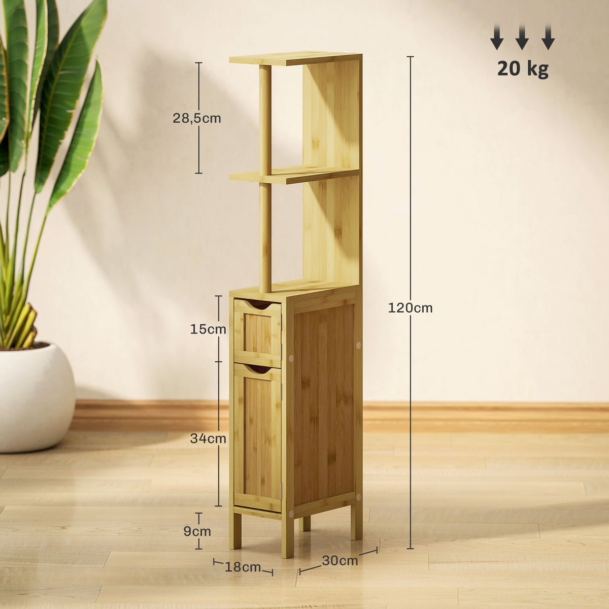 Colonne de salle de bain meuble de salle de bain avec 2 étagères 2 placards en bambou 18l x 30P x 120H cm bois naturel