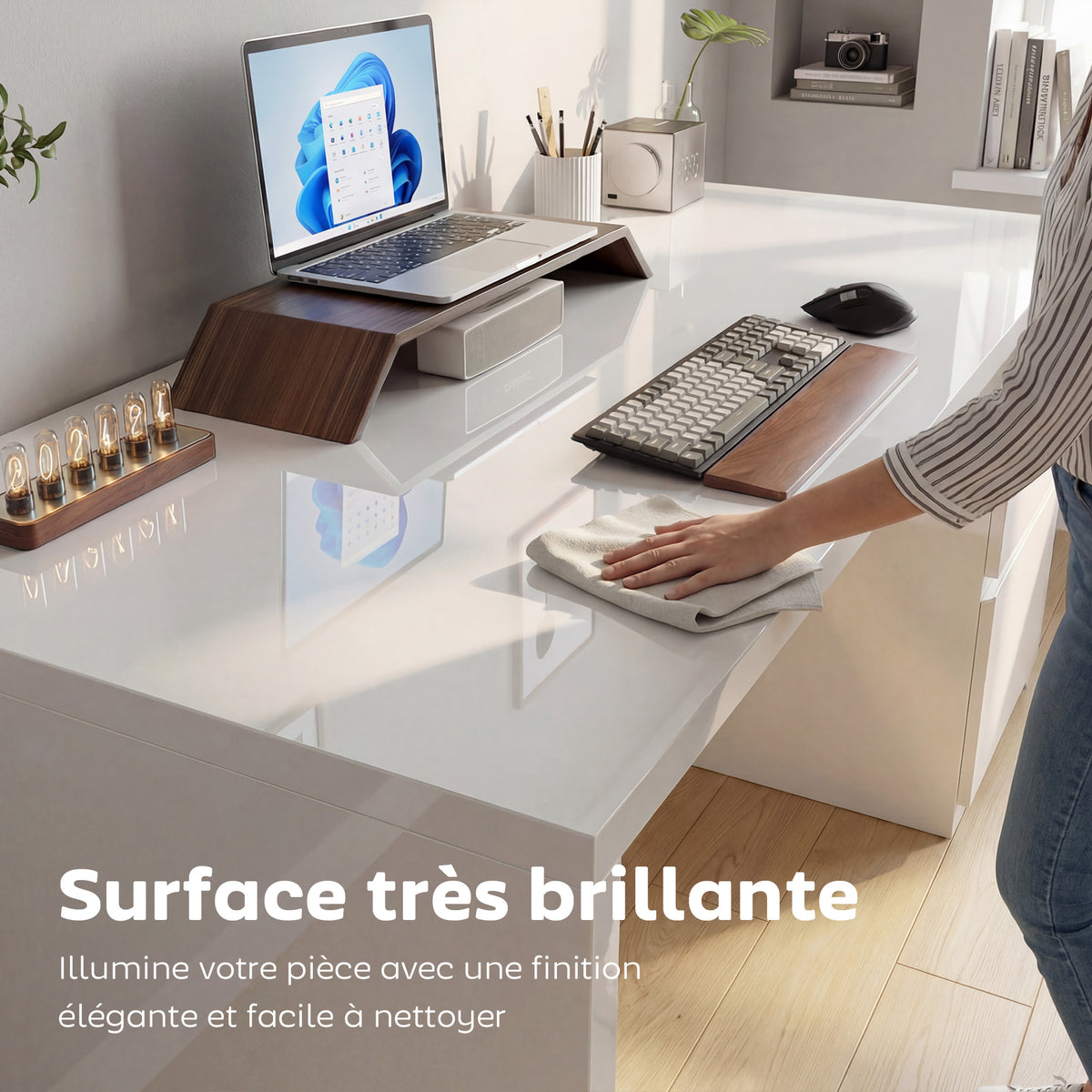 Bureau d'ordinateur à haute brillance avec 4 tiroirs, 110 x 60 cm, bureau avec rangement, style moderne, blanc