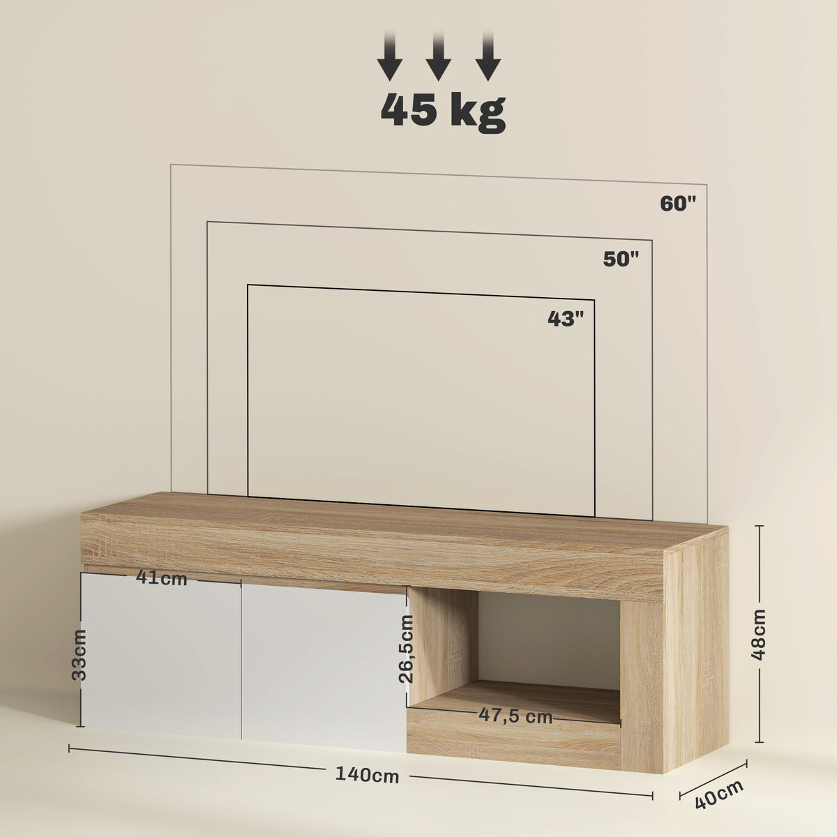 Meuble TV 2 portes pour téléviseurs jusqu'à 60 pouces, meuble télé avec placard et étagère ouverte, effet bois naturel