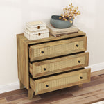 Commode 3 tiroirs meuble de rangement cannage en rotin aspect bois clair 80 x 35 x 76 cm