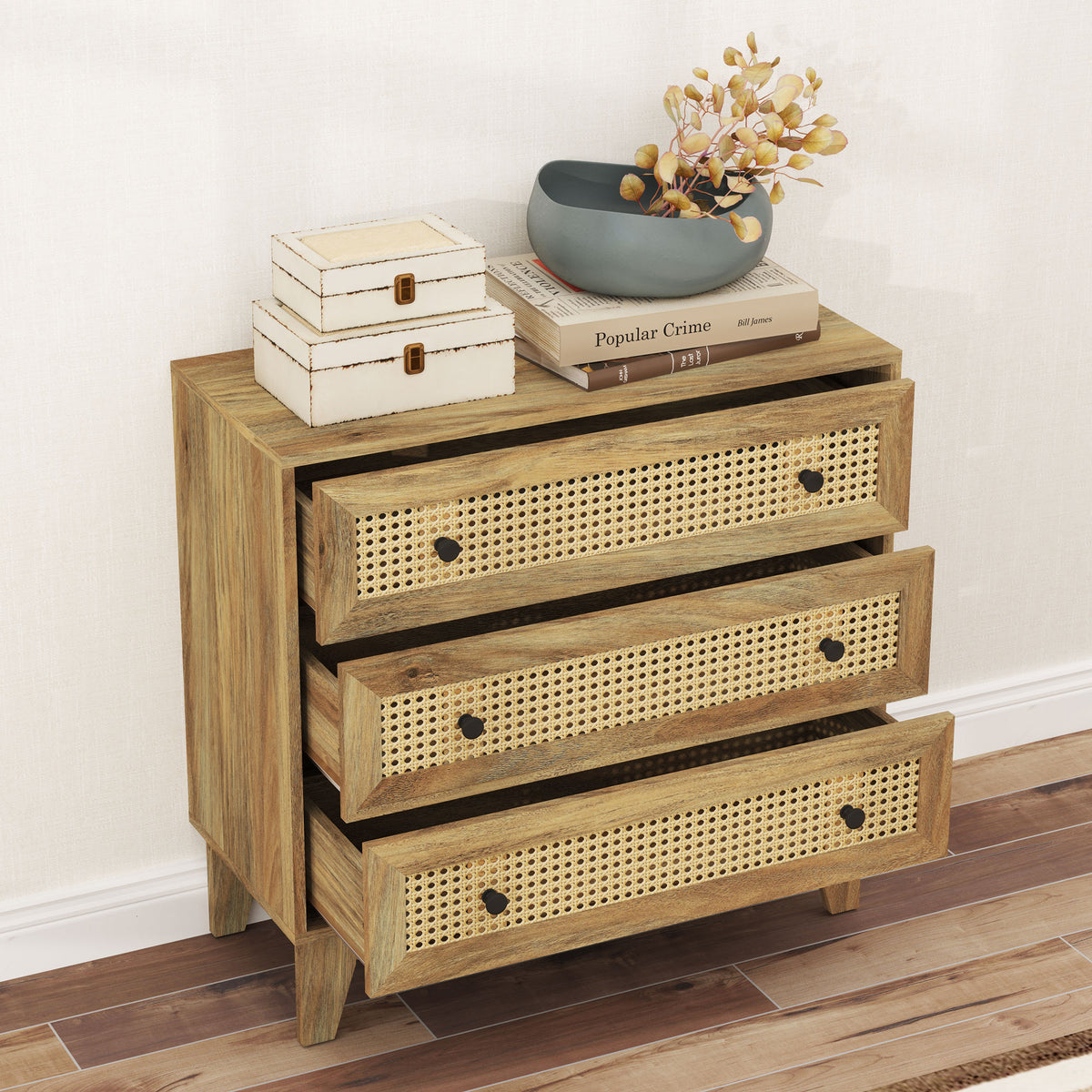 Commode 3 tiroirs meuble de rangement cannage en rotin aspect bois clair 80 x 35 x 76 cm