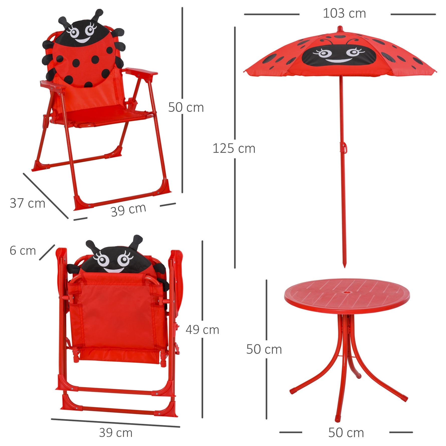 Ensemble Salon de Jardin Enfant 4 pcs Design Coccinelle - Table Ronde + 2 chaises Pliables + Parasol - métal époxy Oxford Rouge