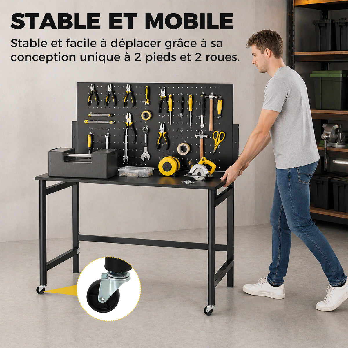 Établi d'atelier pliable à roulettes, 115x62x143,5cm, plan de travail avec panneau perforé, 30 crochets, noir