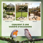 Perchoir perroquet mangeoire à oiseaux sur pied 4 roulettes, 2 mangeoires en acier inoxydable, Ø 60 x 111 cm, gris