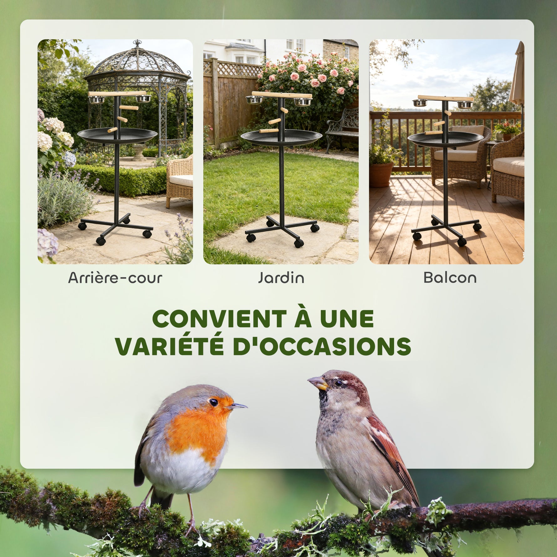 Perchoir perroquet mangeoire à oiseaux sur pied 4 roulettes, 2 mangeoires en acier inoxydable, Ø 60 x 111 cm, gris
