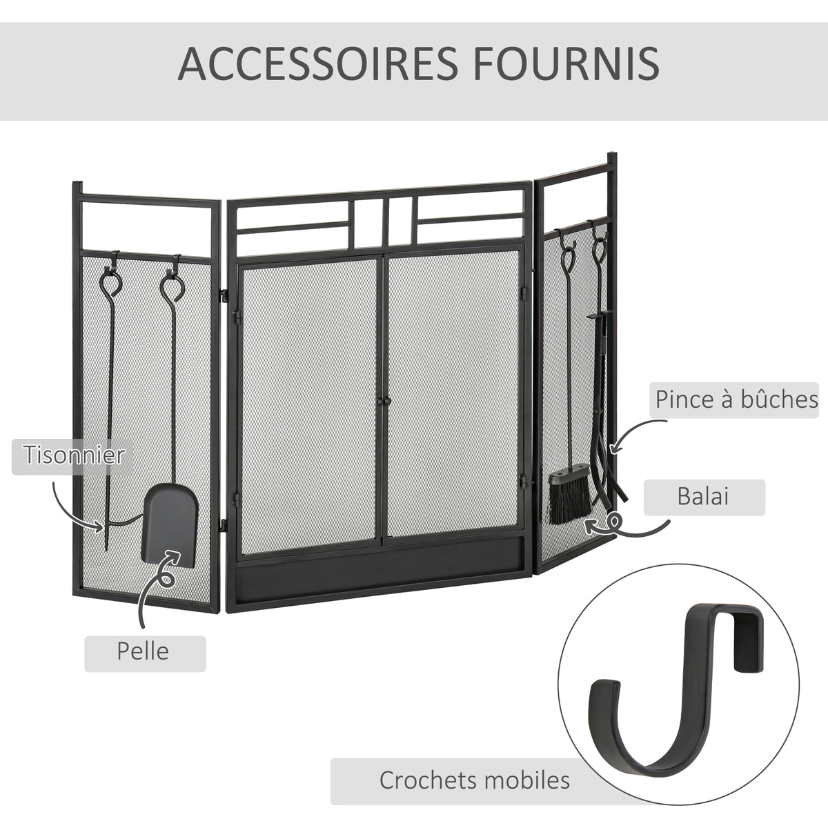 Pare-feu Large pour cheminée ou poêle - Pare-étincelles serviteur de cheminée 2 en 1 avec Accessoires - 3 Volets Pliables et Porte - Acier métal Noir-6