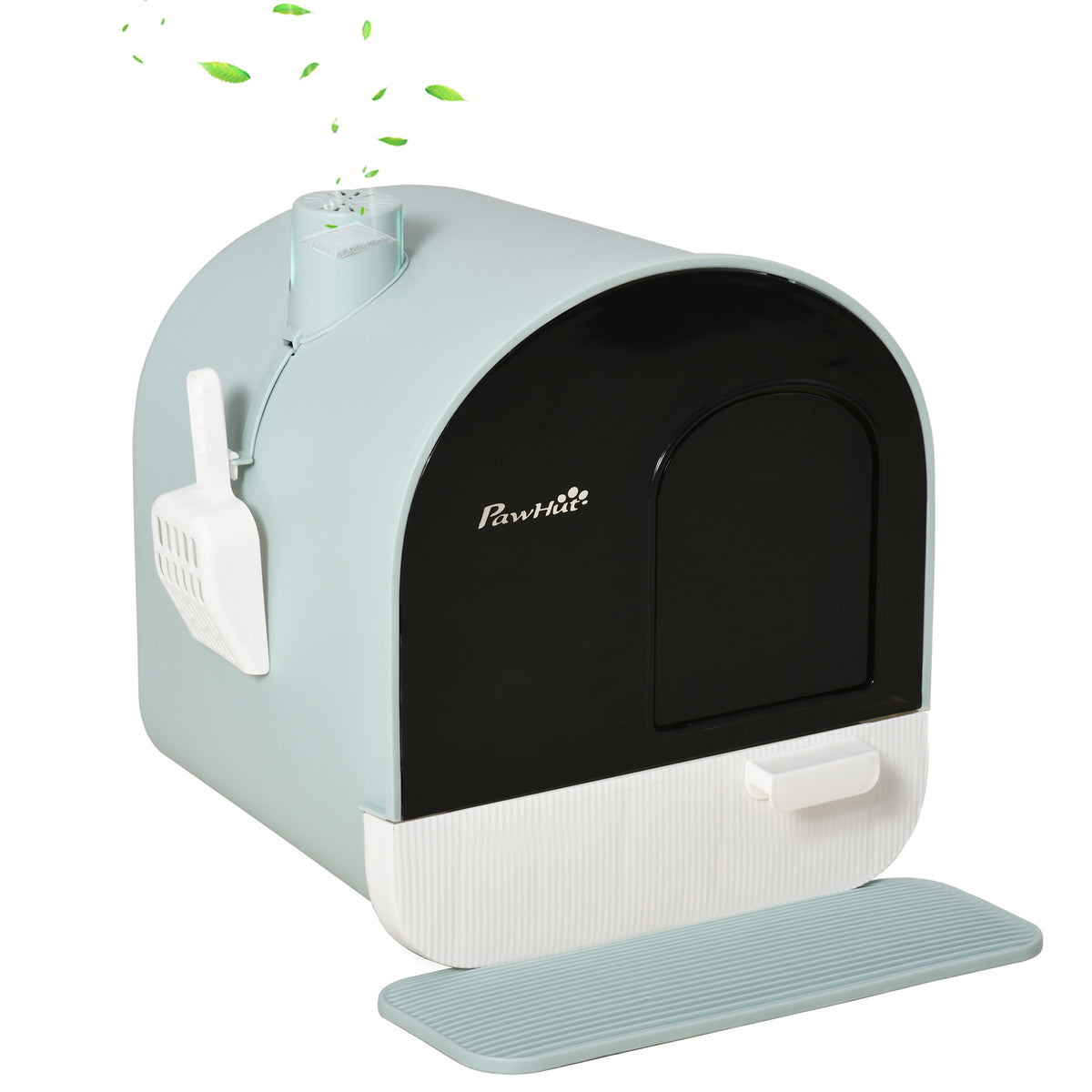 Maison de toilette pour chat avec tiroir amovible, bac à litière fermé avec tapis anti-trace, pelle, filtre anti-odeur et porte battante, nettoyage facile, 43 x 44 x 47 cm, vert