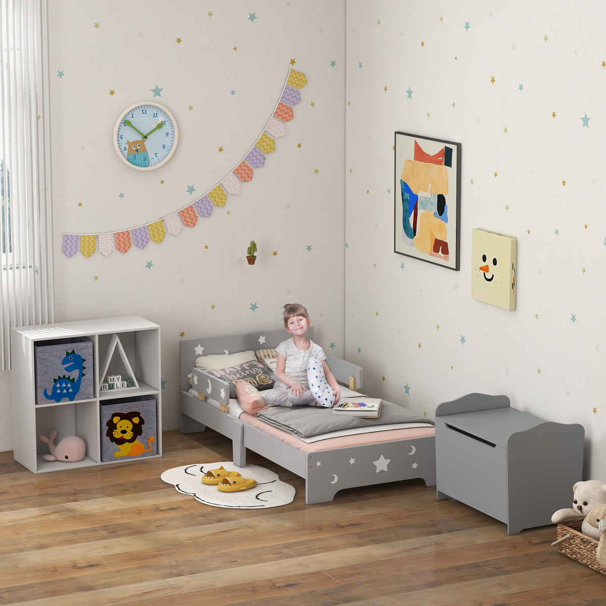 Lit pour enfants de 3 à 6 ans design étoiles et lune sommier à lattes inclus chambre moderne 143 x 76 x 49 cm gris