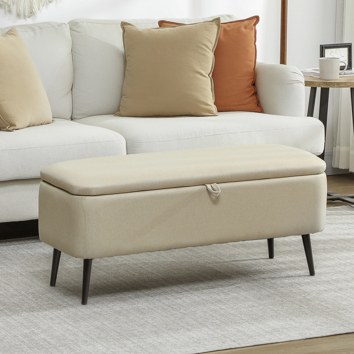 2-in-1-Sitzbank mit Stauraum aus Stoff und schwarzen Stahlbeinen, 102 x 40 x 39,5 cm, beige