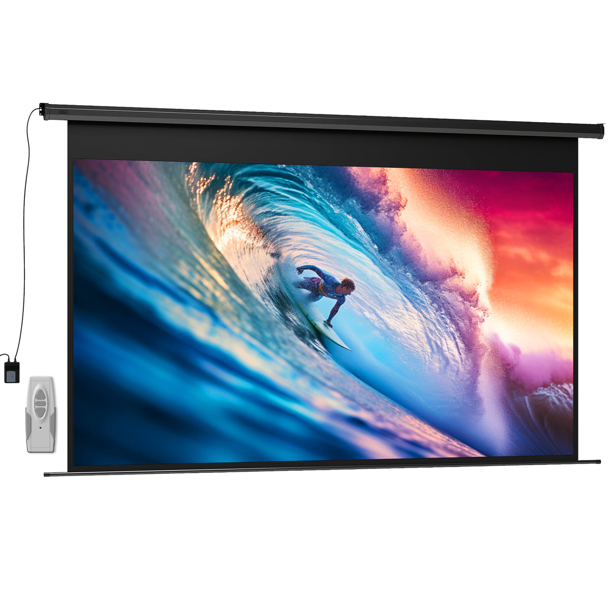 Pantalla de proyección motorizada de 120 pulgadas, 16:9 4K HD, montaje en pared o techo con mando a distancia, 297x8x183 cm