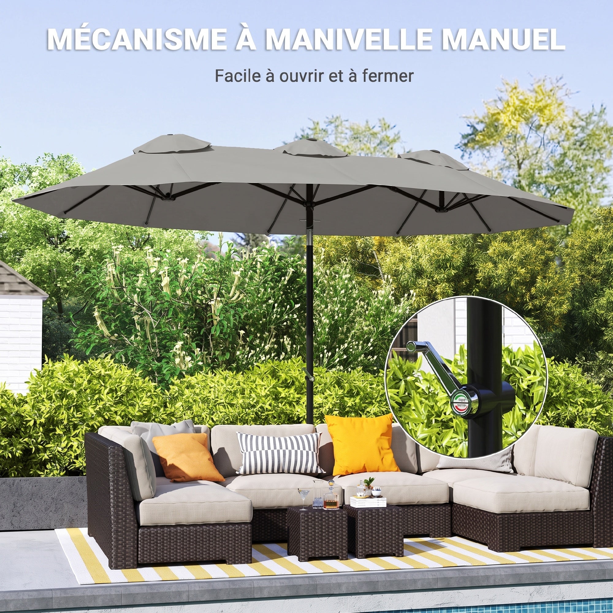 Ombrellone da Giardino Esterno Inclinabile 3 x 1,5 m, Ombrellone Doppio Rettangolare con Manovella, Poliestere 180 g/m², Grigio