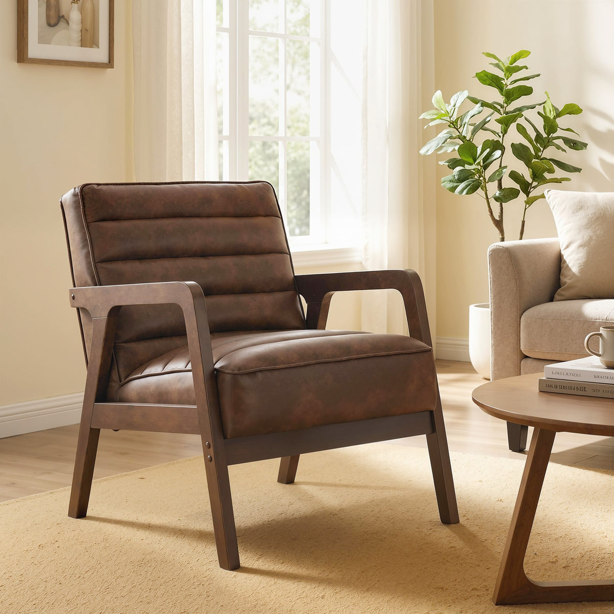 Fauteuil salon, fauteuil d'appoint rembourré en PU avec large assise, coussin épais et structure en bois massif, marron