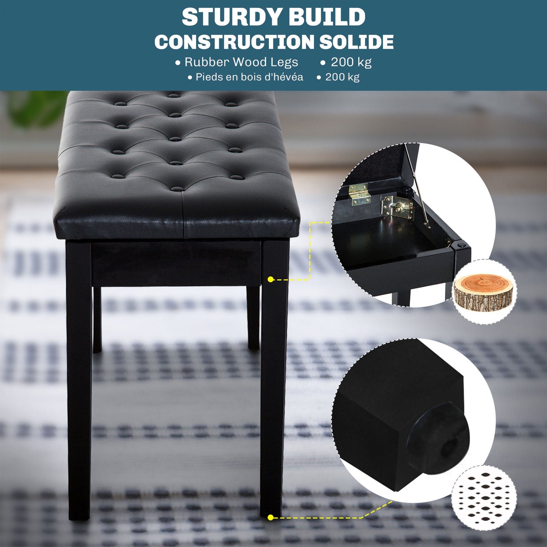 Banquette tabouret siège pour piano avec coffre de rangement pied bois caoutchouc assise capitonnée noir