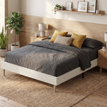 Bedframe 160 x 200 cm met lattenbodem, tweepersoonsbed gestoffeerd in corduroy, opbergruimte eronder, crème