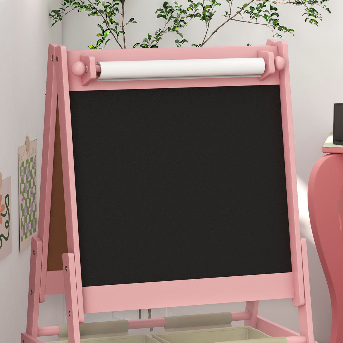 Kids' double-sided easel chalkboard with paper roll, 2 baskets, 54 x 46.5 x 93 cm, pink