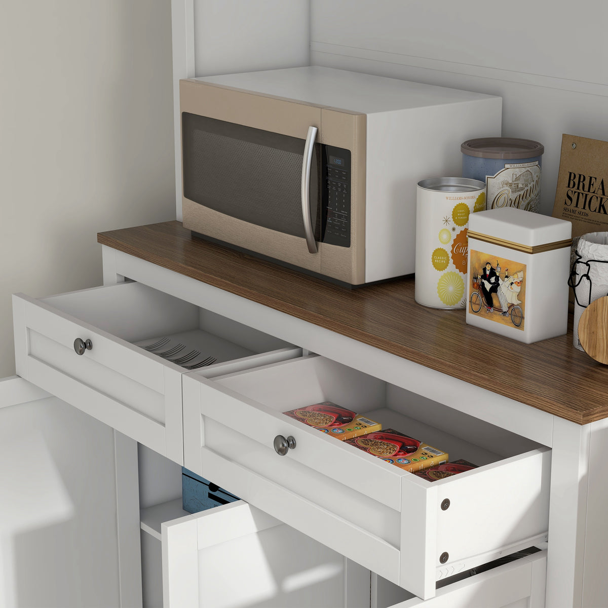 Buffet haut cuisine, armoire de cuisine, 6 portes, 2 tiroirs, plan de travail, étagères réglables, 100x40x180cm, blanc
