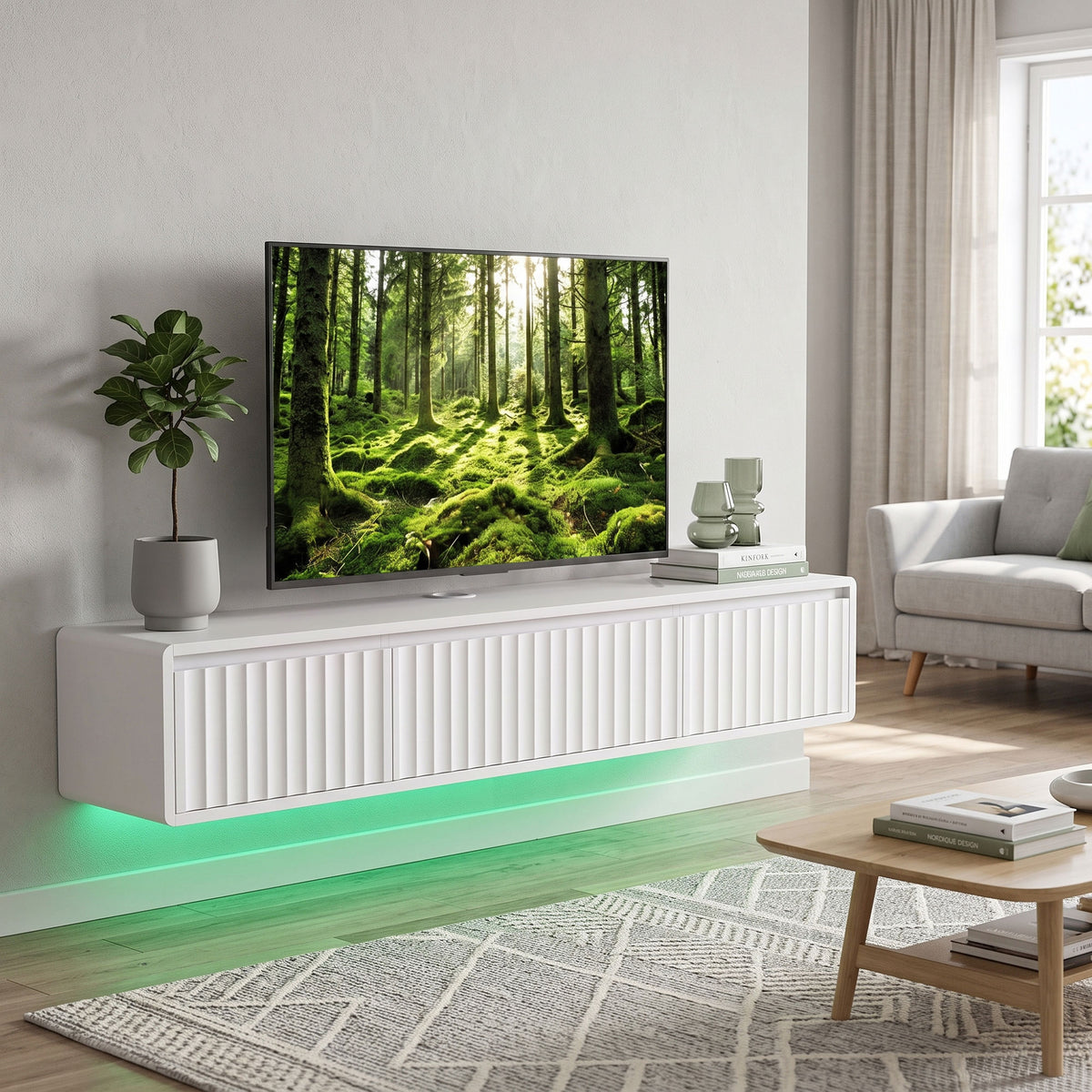 Meuble TV Suspendu Flottant 120 cm avec Éclairage LED et Prises, Meuble Télé pour Téléviseur 65 Pouces, Blanc
