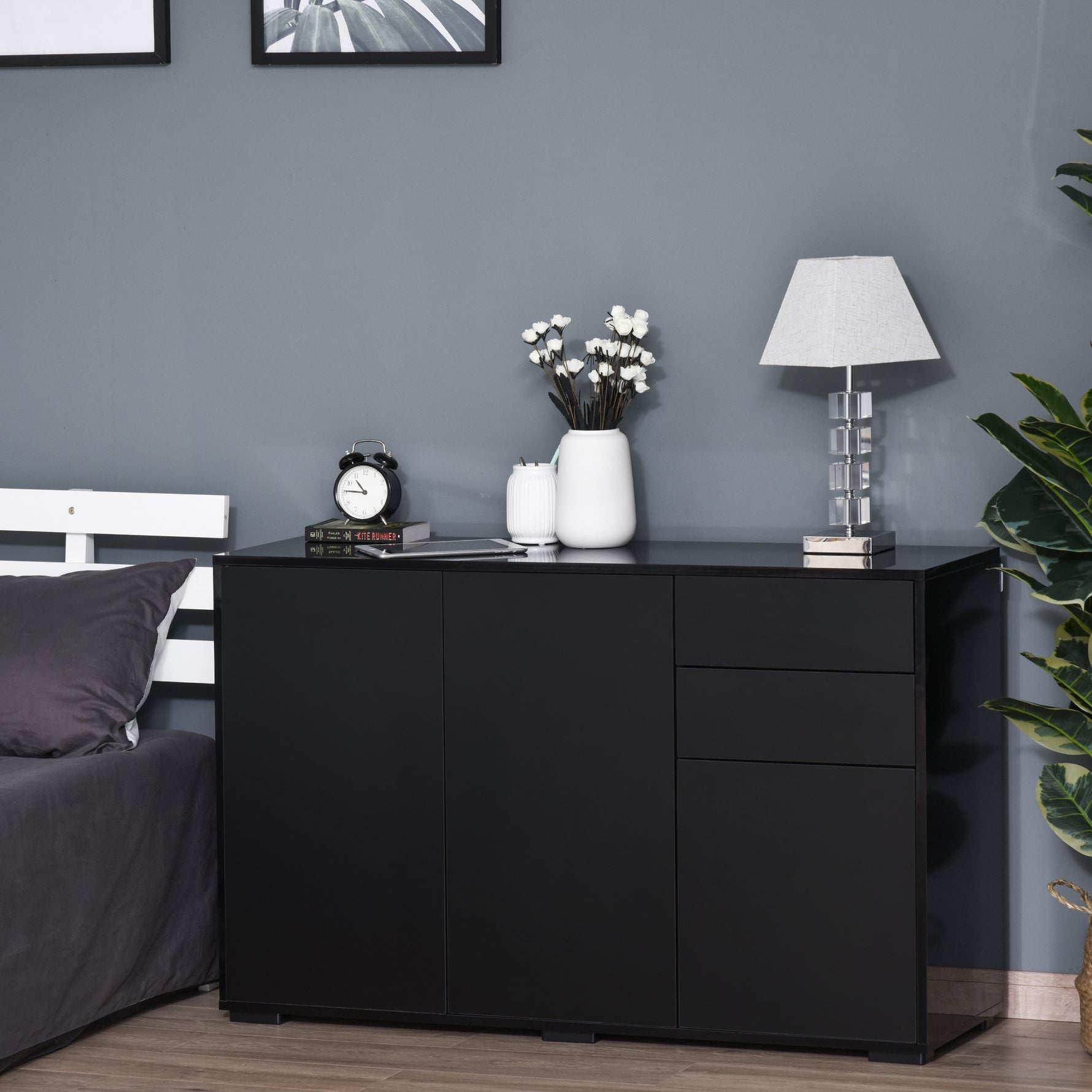 Buffet meuble de rangement 2 tiroirs coulissants 3 portes étagère réglable panneaux de particules 117 x 36 x 74 cm noir