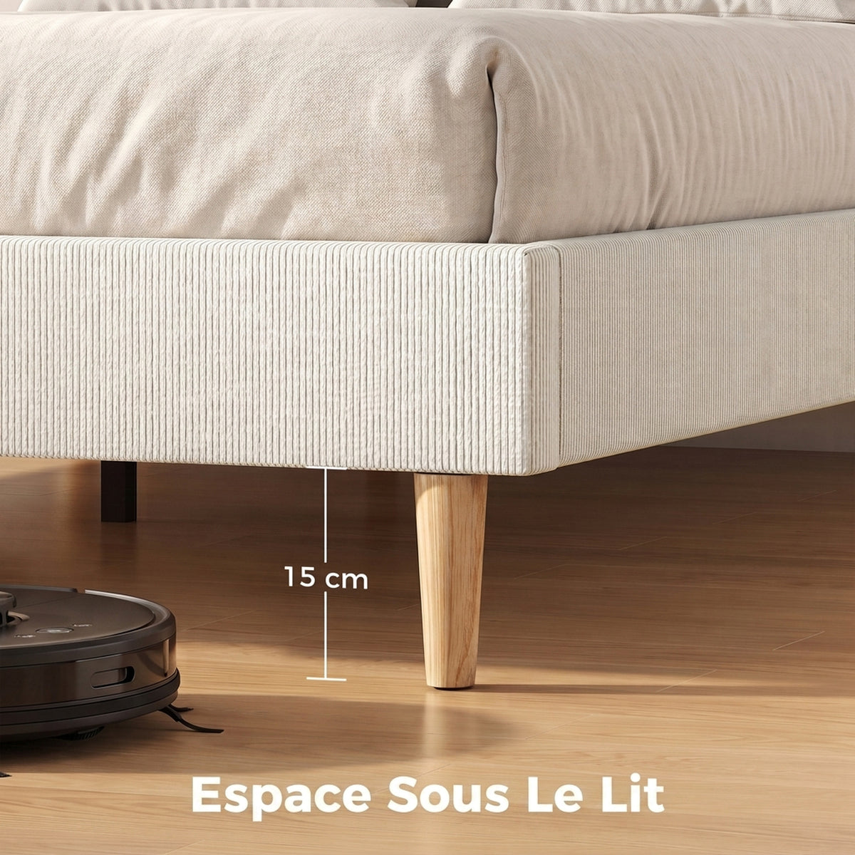 Bedframe 160 x 200 cm met lattenbodem, tweepersoonsbed gestoffeerd in corduroy, opbergruimte eronder, crème
