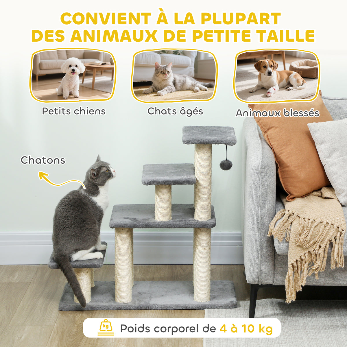 Escalier pour animaux domestiques réglable 3/4 marches échelle pour chat chien griffoirs sisal 70 x 32 x 68 cm gris