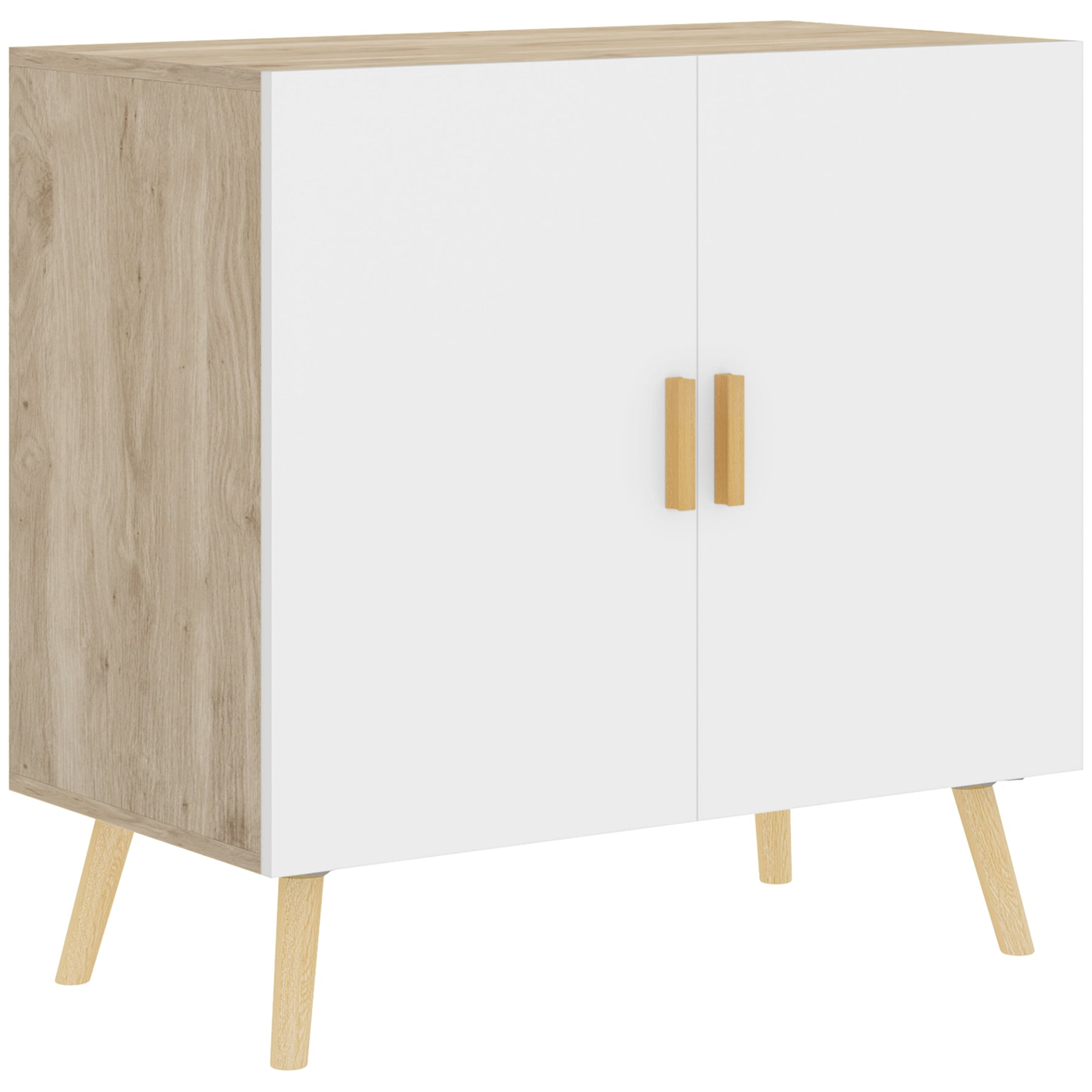 Buffet meuble de rangement avec poignées en bambou étagère ajustable base surélevée 76 x 41,2 x 74 cm blanc bois naturel