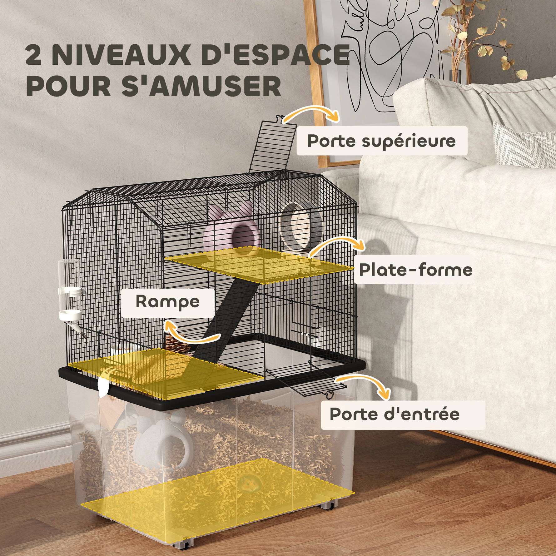 Cage hamster cage rongeur 3 étages avec roulettes plate-forme et échelle en fil d'acier 57 x 43 x 74 cm noir