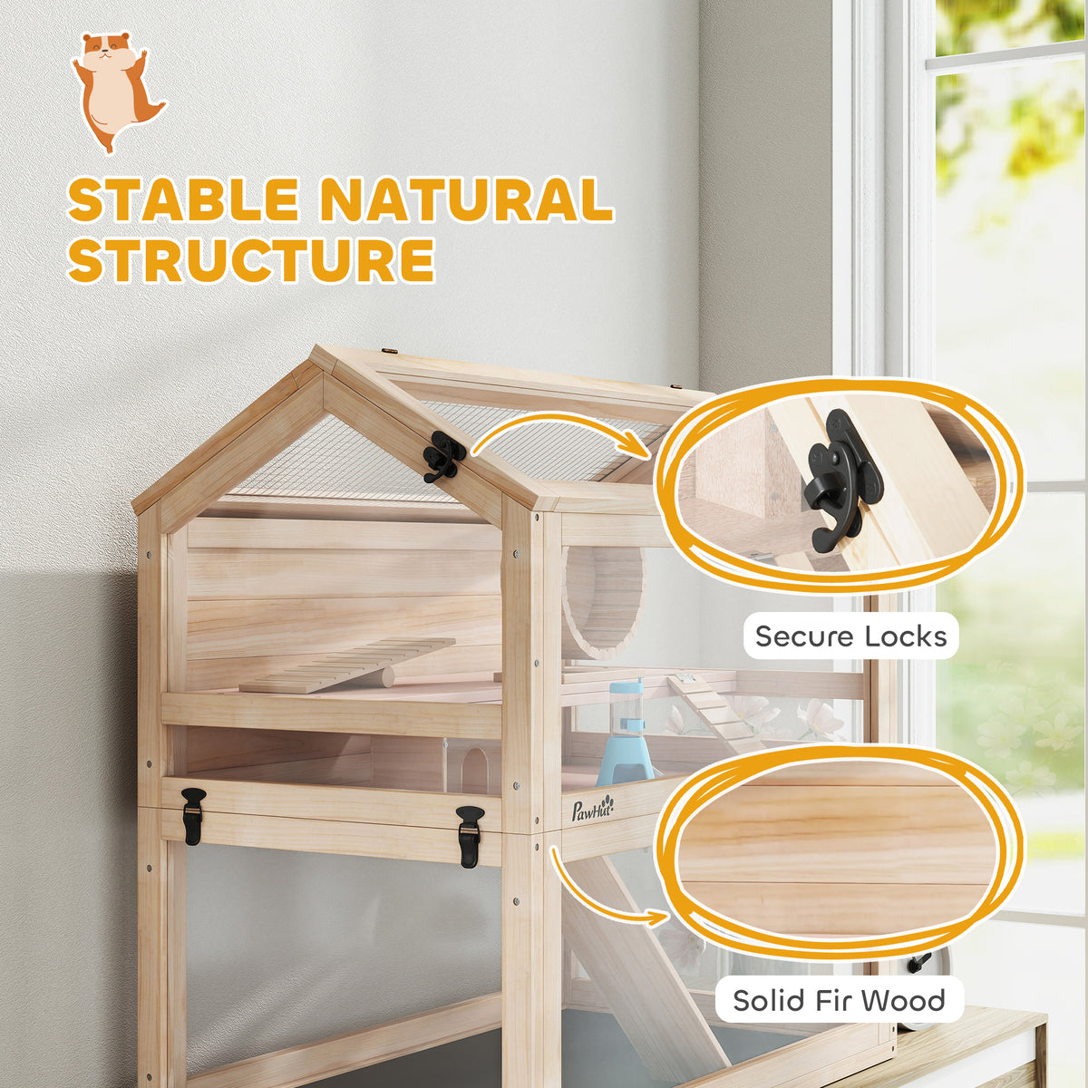 Gabbia per criceti Habitat per roditori 3 piani vaschetta impermeabile pannelli in acrilico con vista a 360° accessori 76x45,5x77cm legno