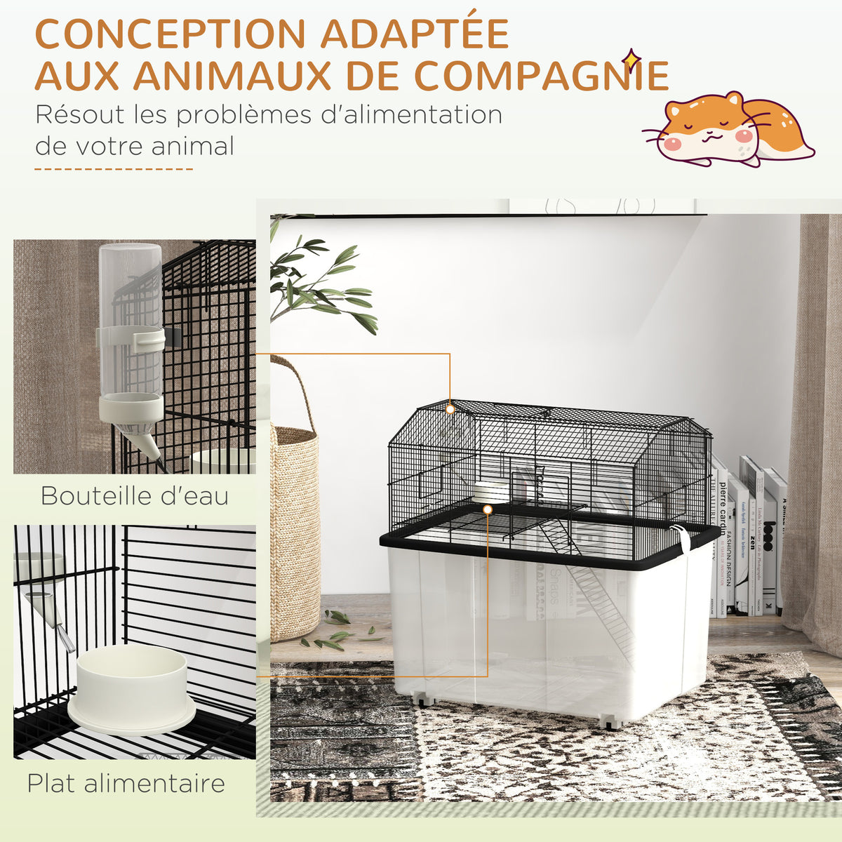Cage hamster cage rongeur 2 étages avec roulettes plate-forme et échelle en fil d'acier 57 x 43 x 57 cm noir