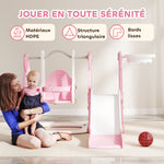 Scivolo e altalena 4 in 1 per bambini con canestro da basket, scivolo, altalena, 147,5x160x107cm, rosa