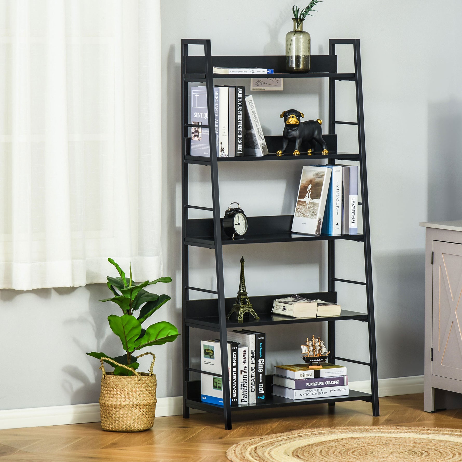 Étagère bibliothèque de Rangement Style Industriel incliné 5 Niveaux 70L x 35l x 150H cm Noir