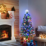 Sapin de Noël Artificiel Lumineux 120H cm Fibre Optique LED Multicolore + Support Pied 130 Branches étoile Sommet Brillante Vert