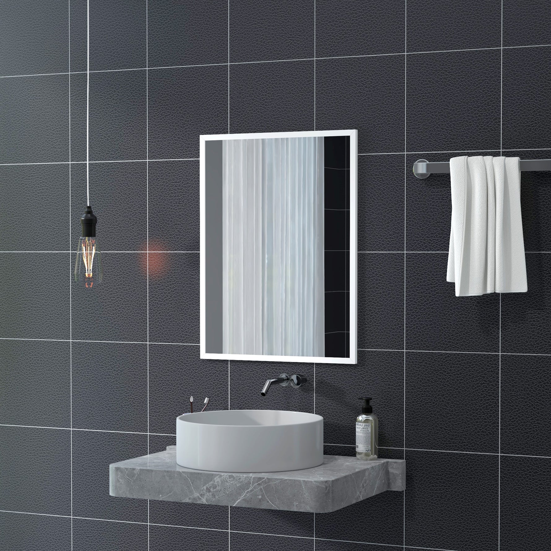 Miroir mural rectangulaire 60 x 80 cm, cadre en MDF, idéal pour la salle de bain, salon ou chambre, blanc