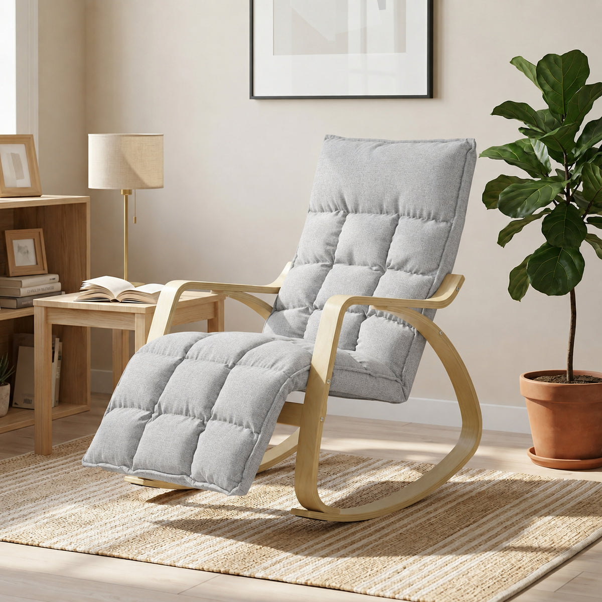Poltrona a dondolo con poggiapiedi regolabile, sedia a dondolo con gambe in legno di betulla, 67x93x105 cm, grigio chiaro