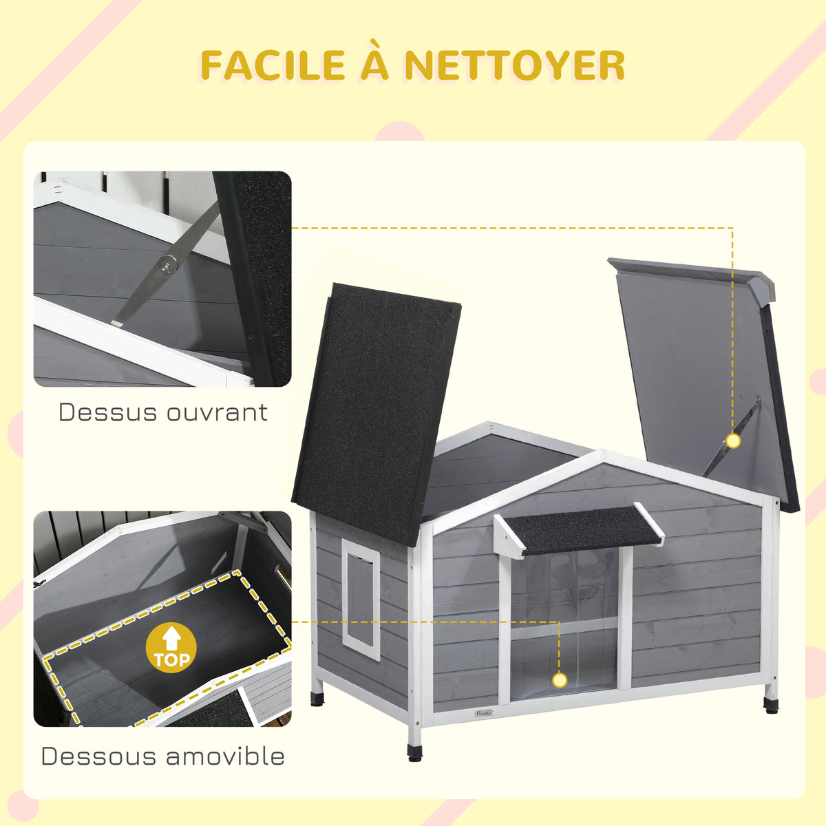 Niche chien style cottage - 2 fenêtres, porte, toit ouvrant bitumé - dim. 109 x 79 x 72 cm - bois sapin gris