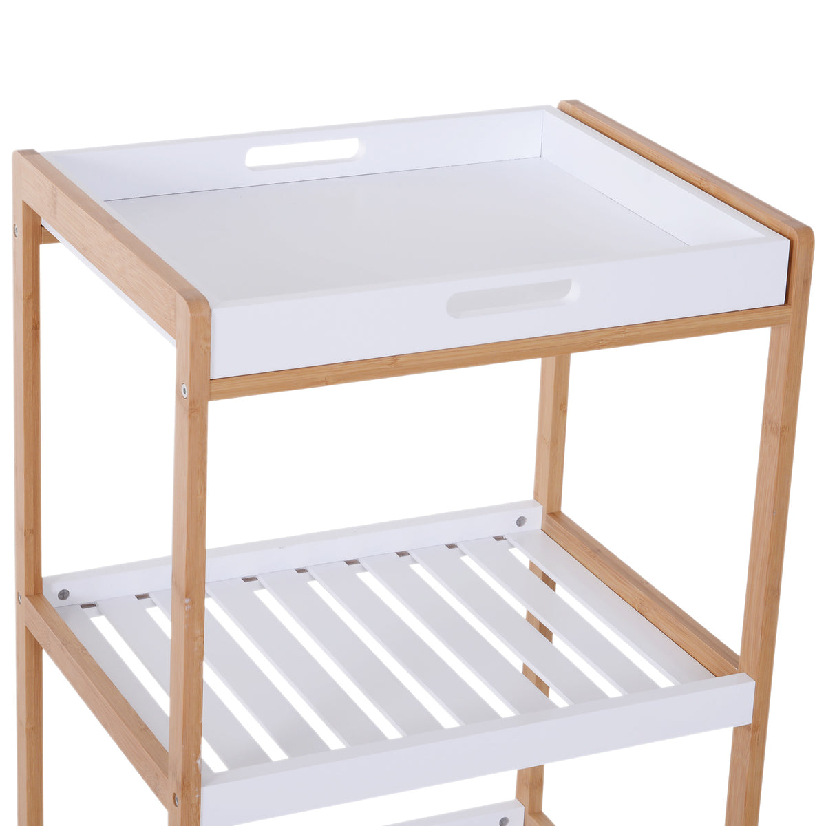 Carrito de servicio auxiliar de cocina con ruedas, 2 estantes + bandeja extraíble, madera de pino y MDF, blanco