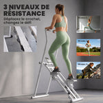Stepper d'Escalier Pliable, 3 Niveaux de Résistance, Hauteur Réglable, Écran LCD, Charge 150 kg, 90x50x133cm, Blanc