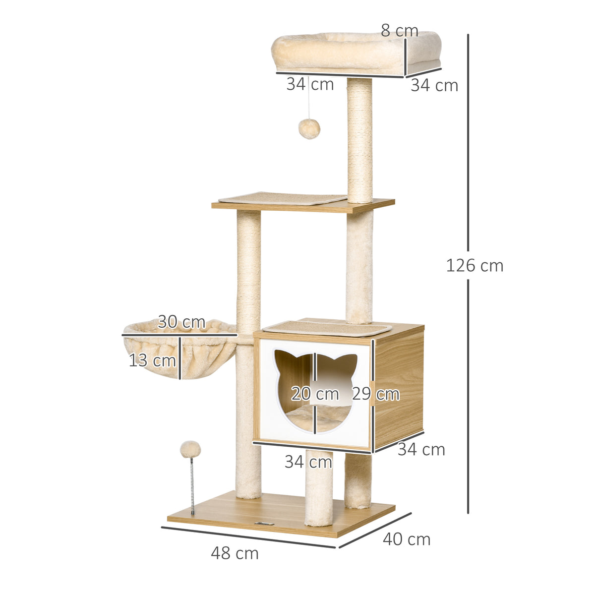 Arbre à chat griffoirs grattoirs multi-équipements niche hamac panier coussins amovibles hauteur 126 cm peluche courte sisal naturel beige